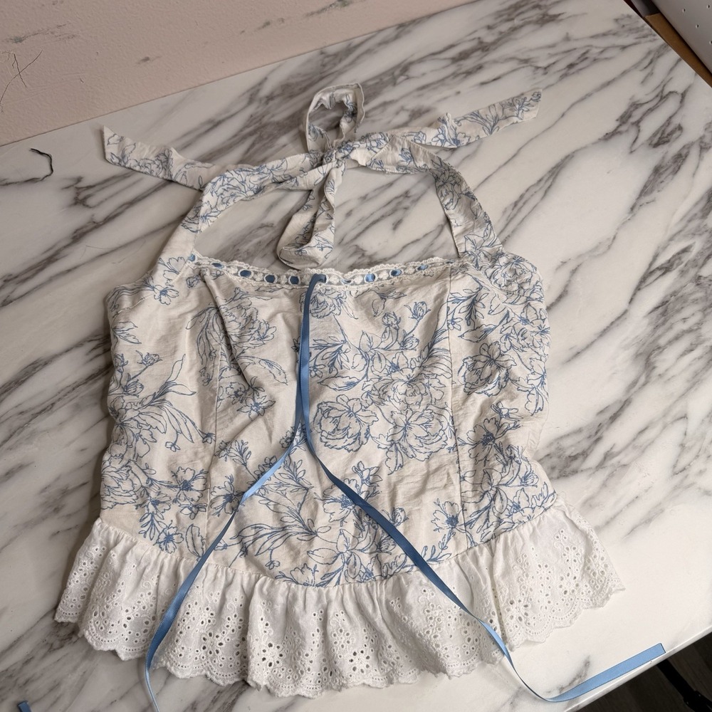 Thirty Thirty LA Blue & White Lace Floral Top Large Romantic Cottagecore Halter